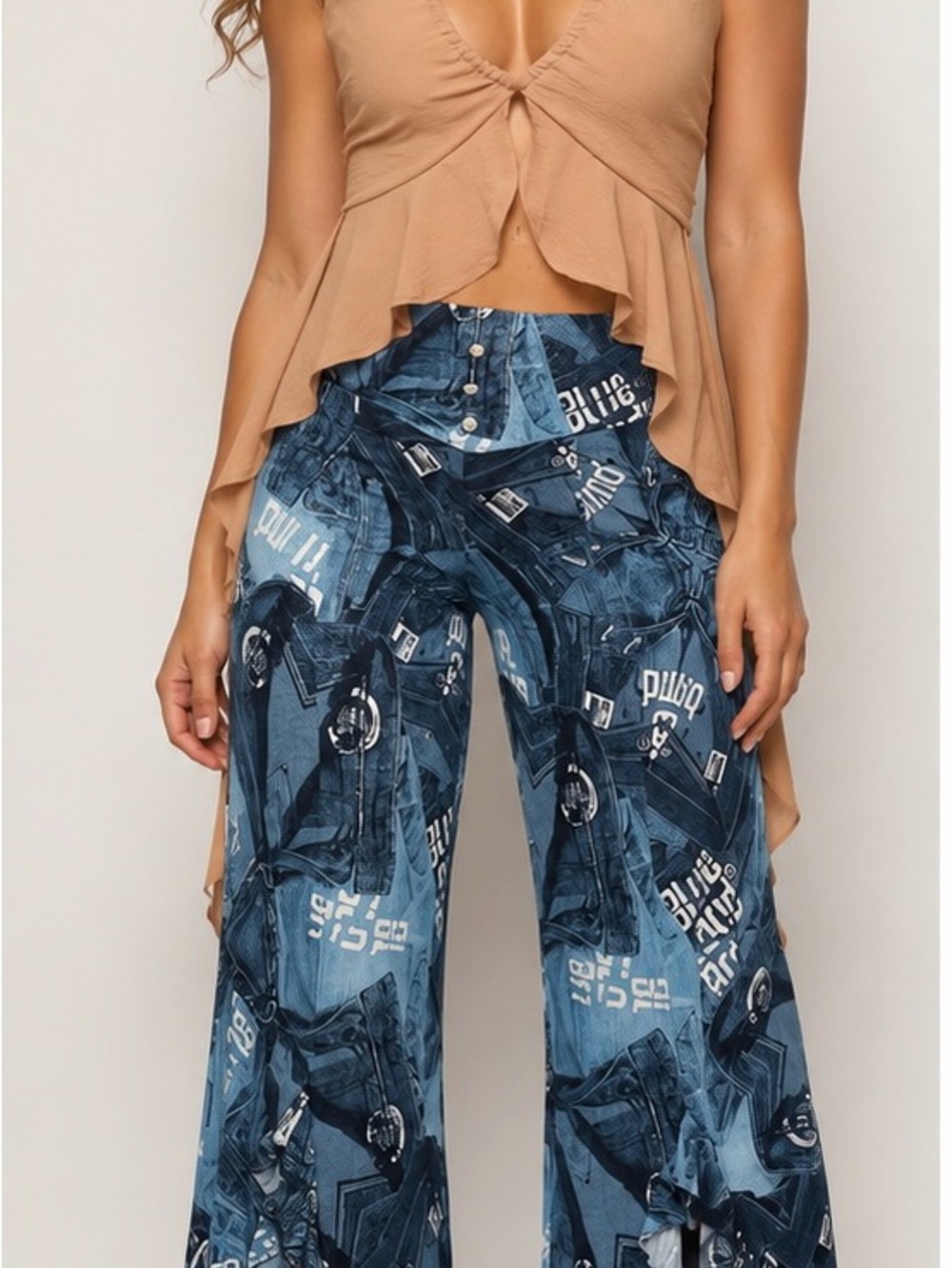 Wide Leg Blue Graphic Print Pants